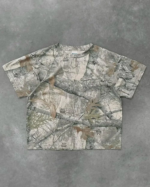 My Store camo T-shirt featuring a green and brown camouflage pattern, casual fit, and short sleeves.