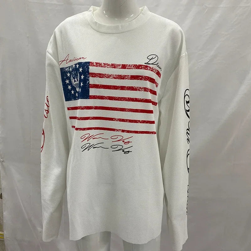 NOIZSY USA long sleeve shirt, navy blue with white stars, classic fit, long sleeve design, casual style for everyday wear.