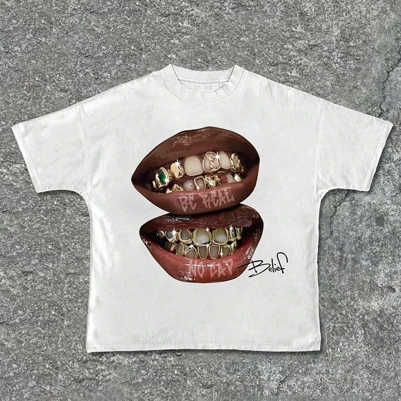 Black Grillz T-Shirt by My Store featuring a bold grillz graphic print on the front.