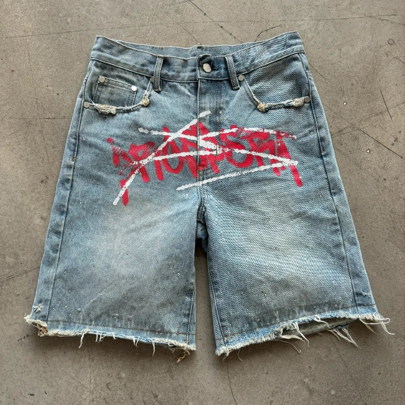 Blue Y2K graffiti design denim jorts by My Store, showcasing distressed details and vibrant graffiti patterns.