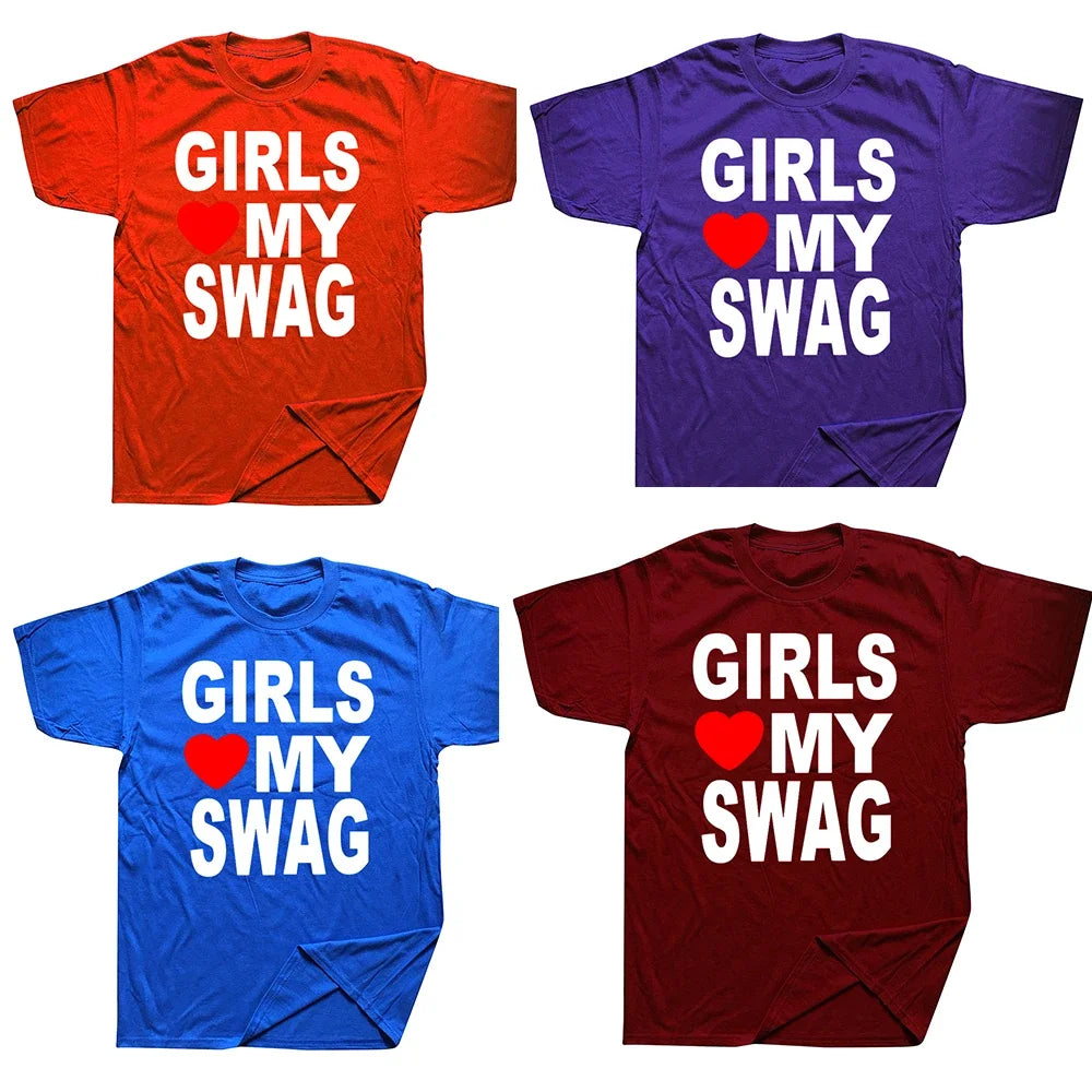 Girl wearing a white "Girls Love My Swag" T-shirt by My Store, showcasing casual fashion and trendy graphic design.