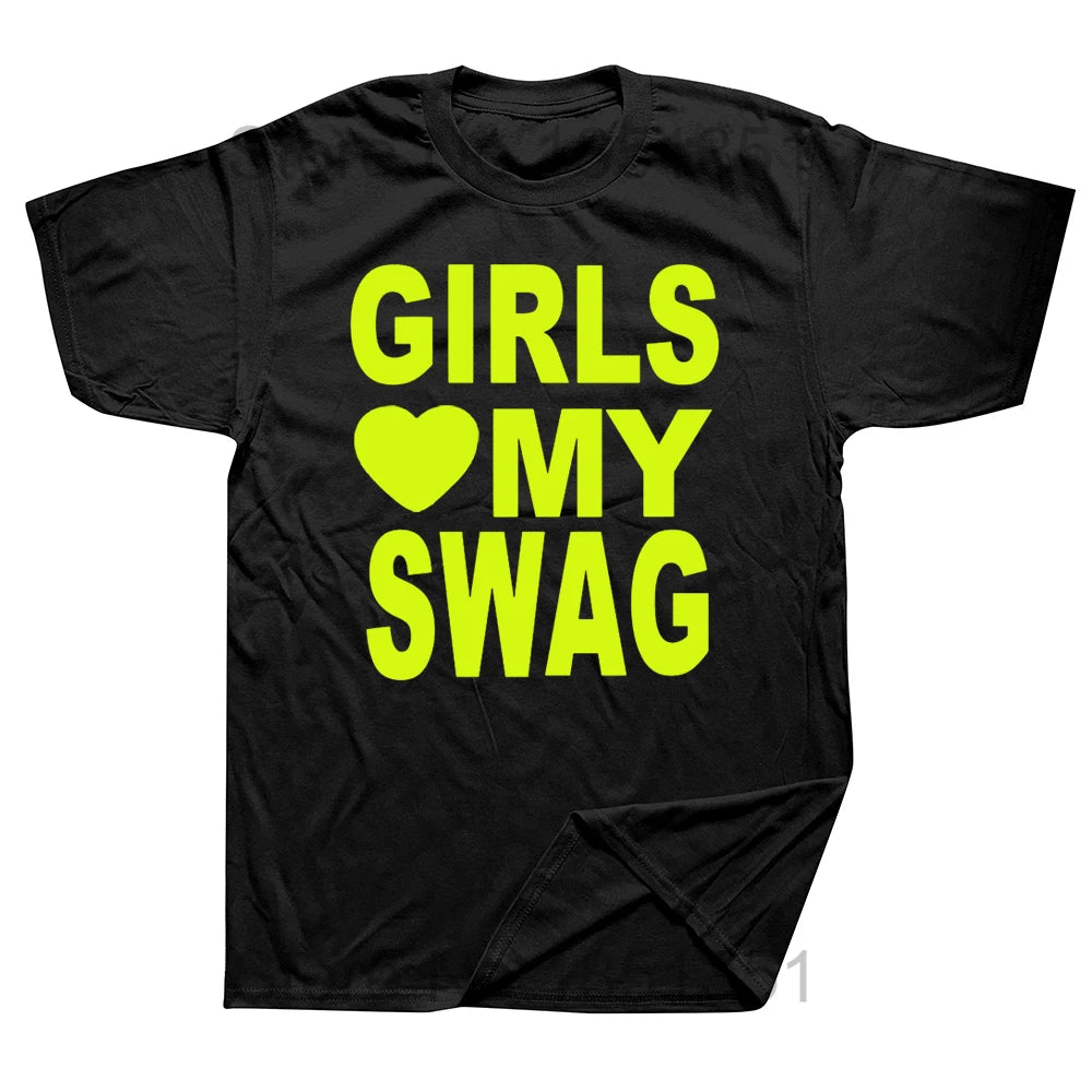 Girl wearing a pink "Love My Swag" T-shirt by My Store, featuring a casual fit and colorful graphic design.