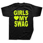 Girl wearing a pink "Love My Swag" T-shirt by My Store, featuring a casual fit and colorful graphic design.