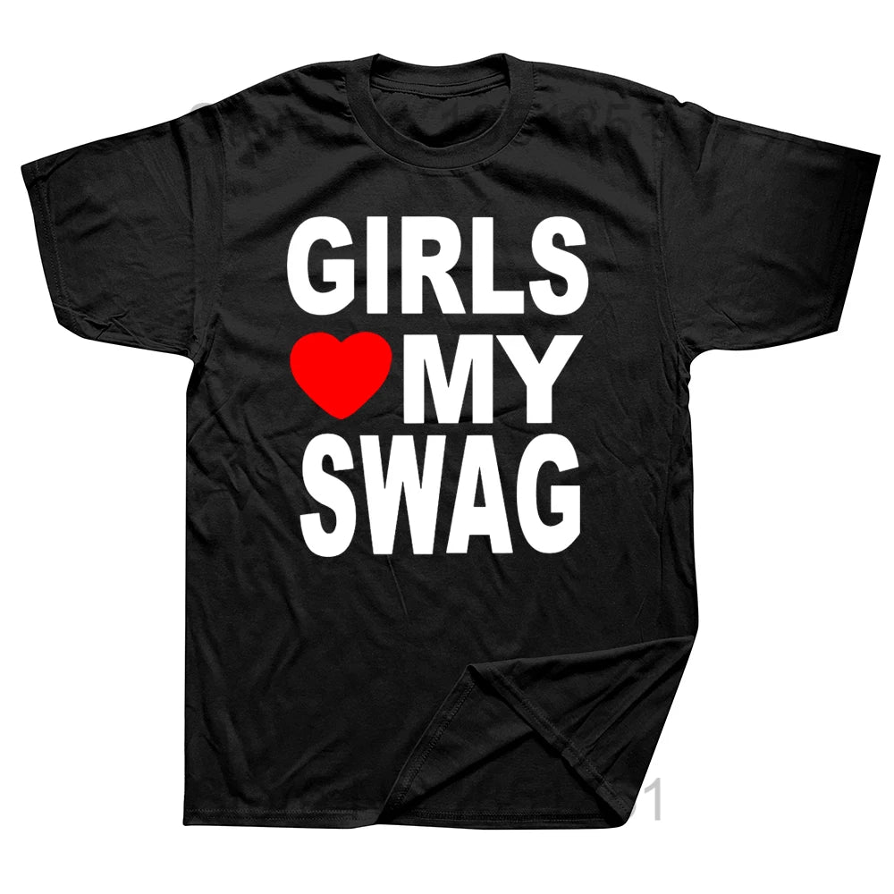 Girls Love My Swag T-shirt by My Store featuring a stylish design and comfortable fit, shown in a vibrant pink color.