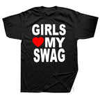 Girls Love My Swag T-shirt by My Store featuring a stylish design and comfortable fit, shown in a vibrant pink color.