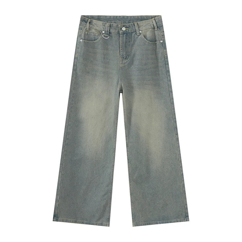 Casual denim pants from My Store with classic blue wash, five-pocket design, and relaxed fit, displayed on a hanger.